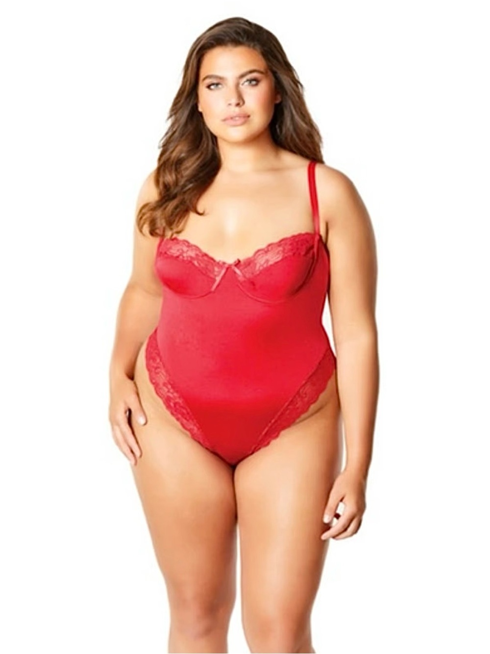 Oh La La Cheri Red Lace Trim Plus-Size Hi Leg Microfiber Teddy Bodysuit NEW 2X